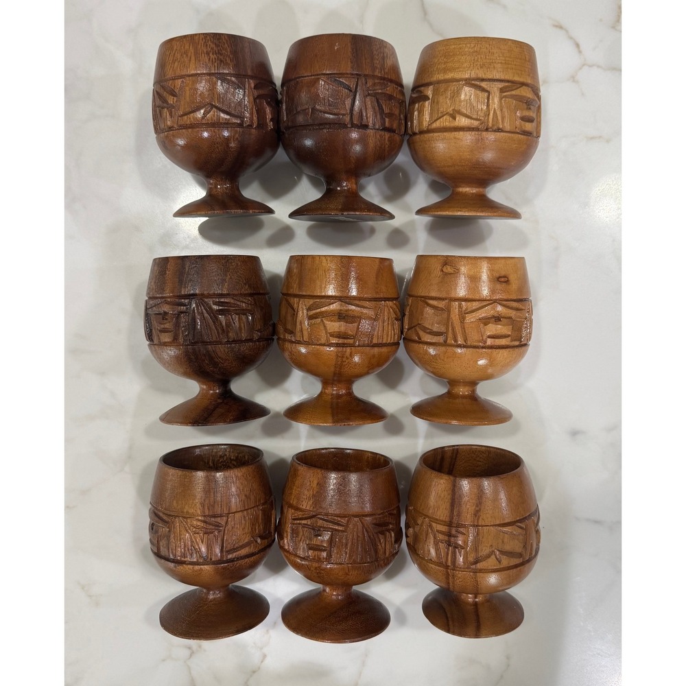 Tiki Cups Handcarved Monkeywood Set of 9